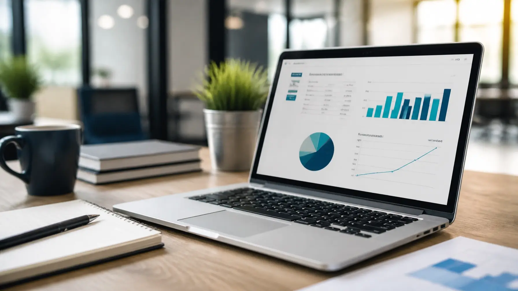 Laptop showing sales charts on a desk
